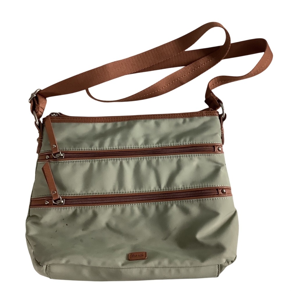 The Sak Sage Green Nylon Crossbody Bag Brown Trim Multi Pocket Travel Purse